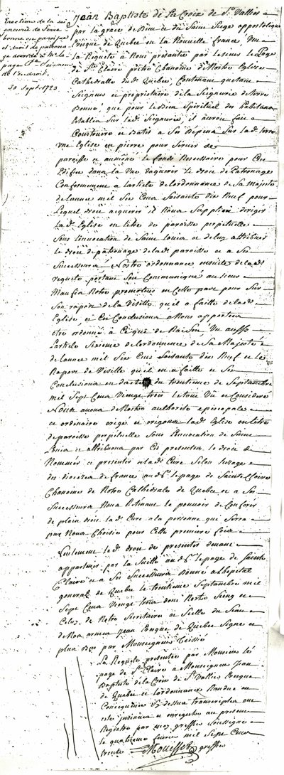 Decree of the Erection of the Parish of Saint-Louis-de-France of Terrebonne by Jean Baptiste de La Croix